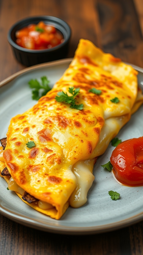 A quesadilla omelette with melted cheese and salsa on a rustic table.
